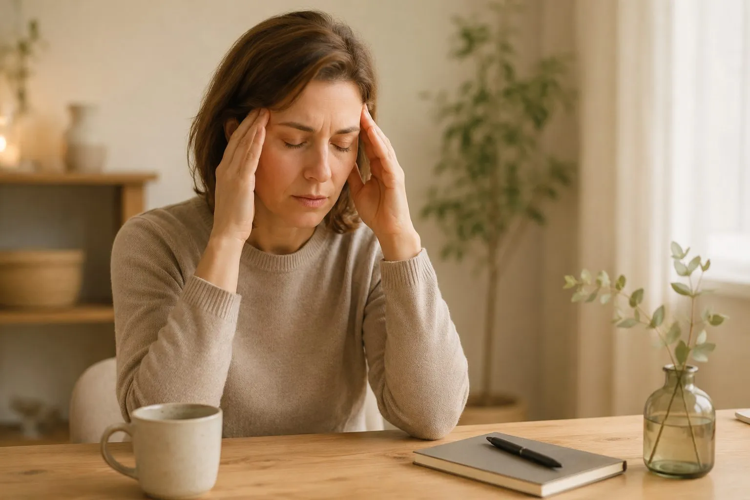 Vrouw met spanningshoofdpijn als signaal van stress en spanning in het lichaam.